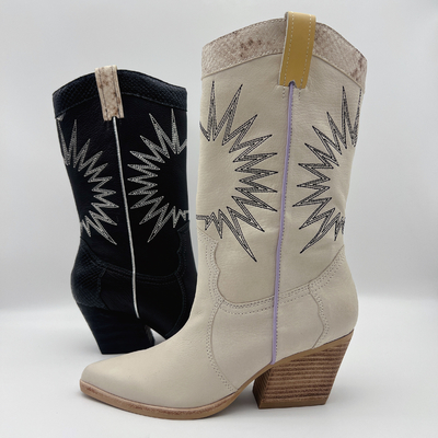 stivali del vestito del litchi delle donne di cuoio molli del grano con il modello del ricamo del sole, tallone robusto dell'ABS quadrato con il outsole di TPR