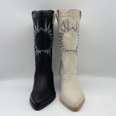 stivali del vestito del litchi delle donne di cuoio molli del grano con il modello del ricamo del sole, tallone robusto dell'ABS quadrato con il outsole di TPR