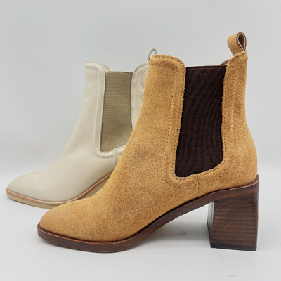 Stivali rotondi Tan/beige del vestito da Toe Ankle Boots Womens Leather con la banda elastica