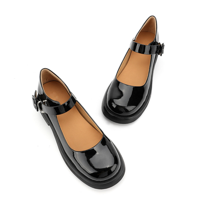 Scarpe di cuoio genuine nere comode delle donne intorno a Mary Jane Low Heels capa
