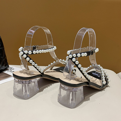 Signora spessa Sandals Pearl Beautiful di Soled dell'alto tallone quadrato trasparente nuova