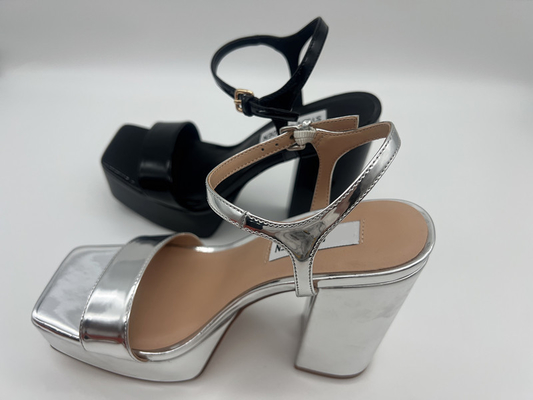 Le scarpe di vestito di cuoio delle donne dell'unità di elaborazione di brevetto quadrano Toe Silver Black Chunky Heel