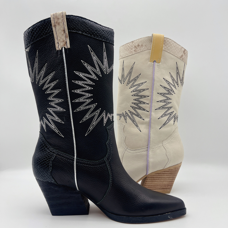 stivali del vestito del litchi delle donne di cuoio molli del grano con il modello del ricamo del sole, tallone robusto dell'ABS quadrato con il outsole di TPR